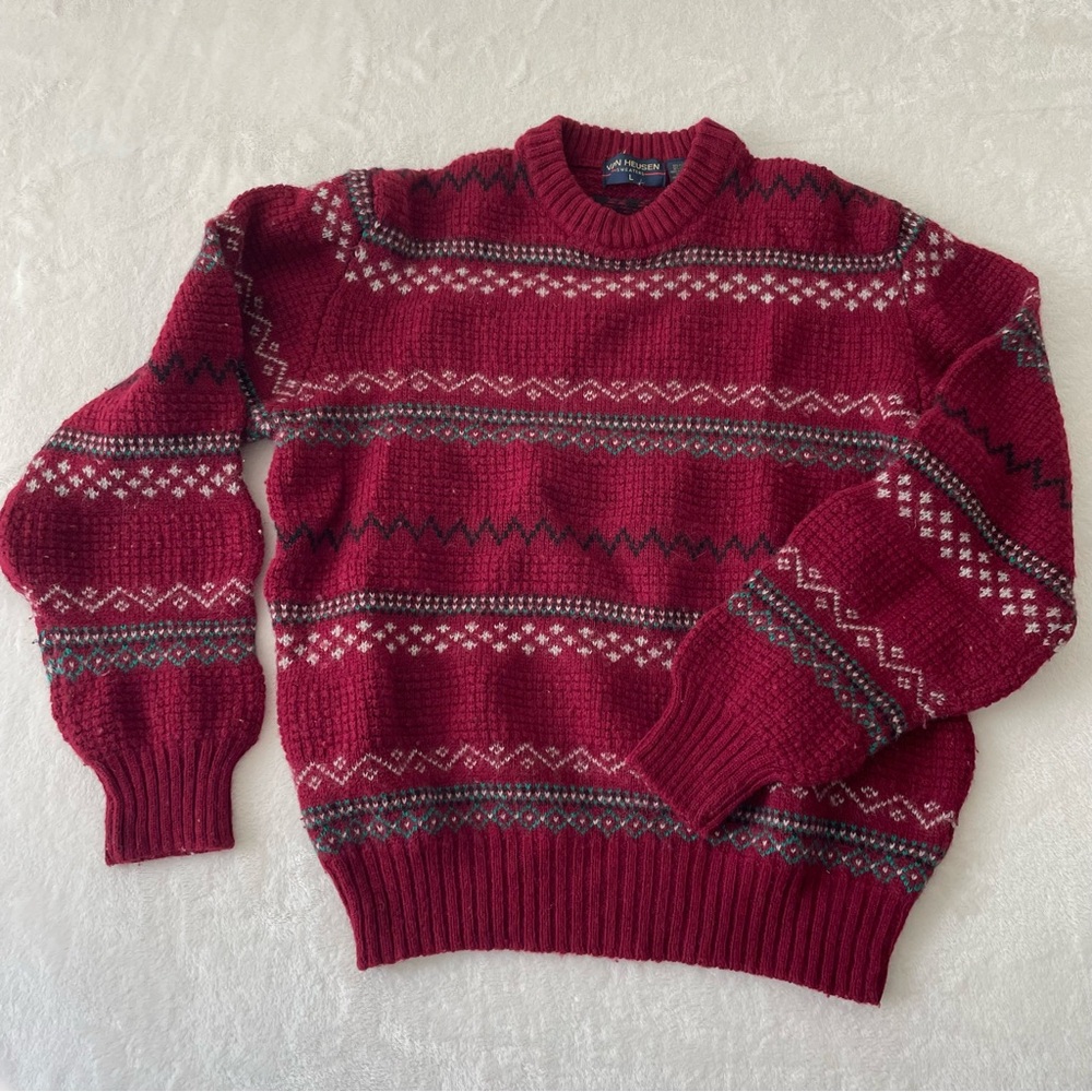 Vintage Van Heusen Fair Isle Wool Blend Sweater Red Nordic Cozy Size L Grandpa - Picture 2 of 8